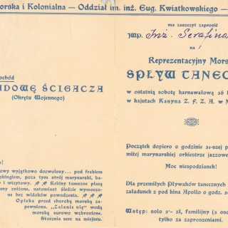 Życie codzienne - Zaproszenie Ligi Morskiej i Kolonialnej na spływ taneczny, 1938r. Z archiwum Grażyny Kisilewicz.