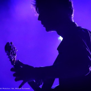 Koncert Kwiatu Jabłoni - Muzyk gra na gitarze. Jego postać jest zaciemniona i ukazana z profilu.  - fot. Michał Żurowski